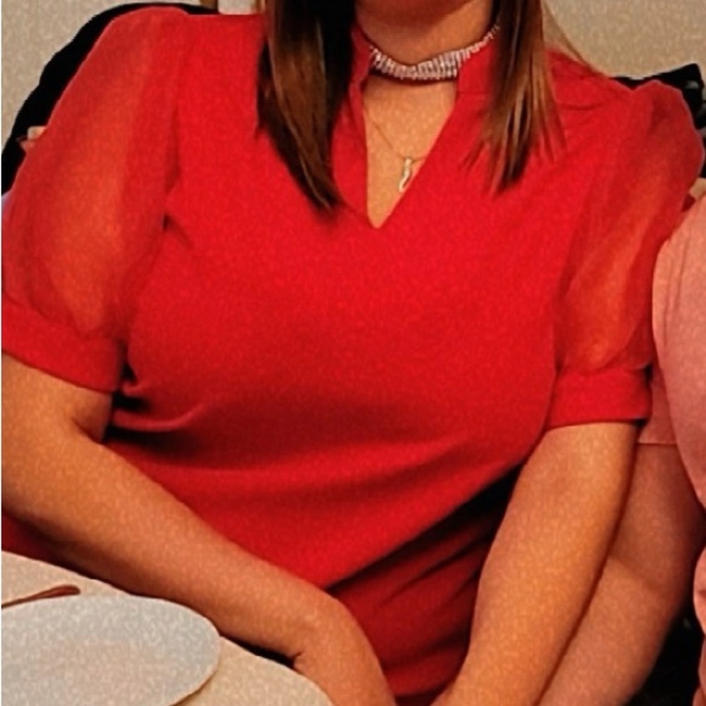 Elegant Red Blouse with Sheer Sleeves